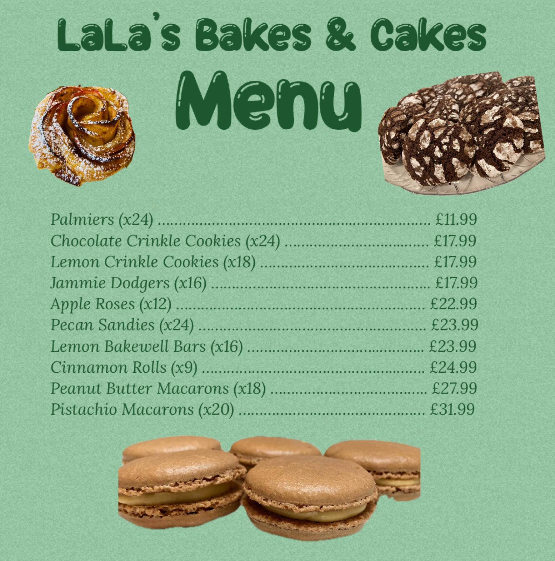 Lala's Bakes and Cakes Menu Page 1