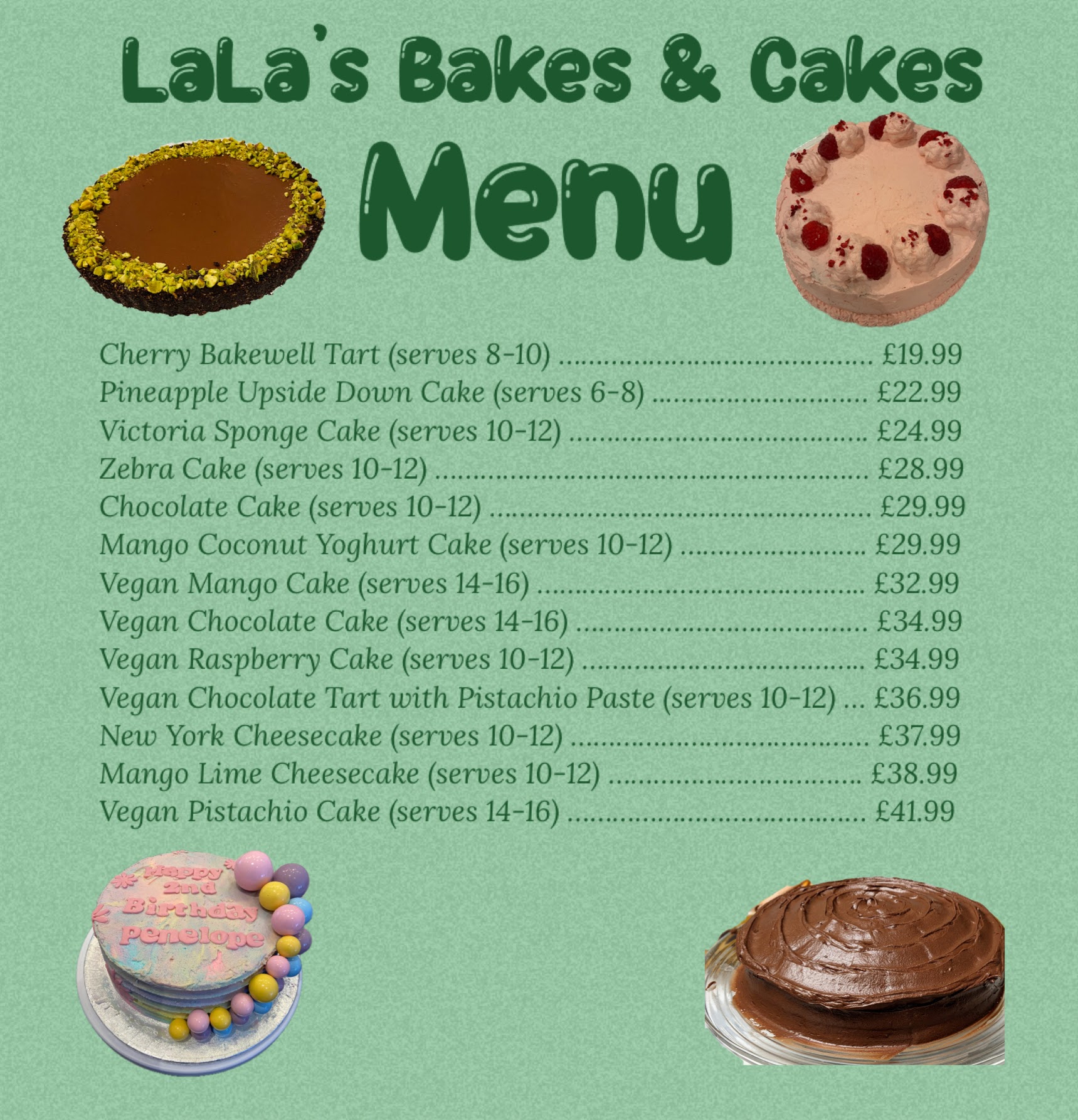 Lala's Bakes and Cakes Menu Page 2